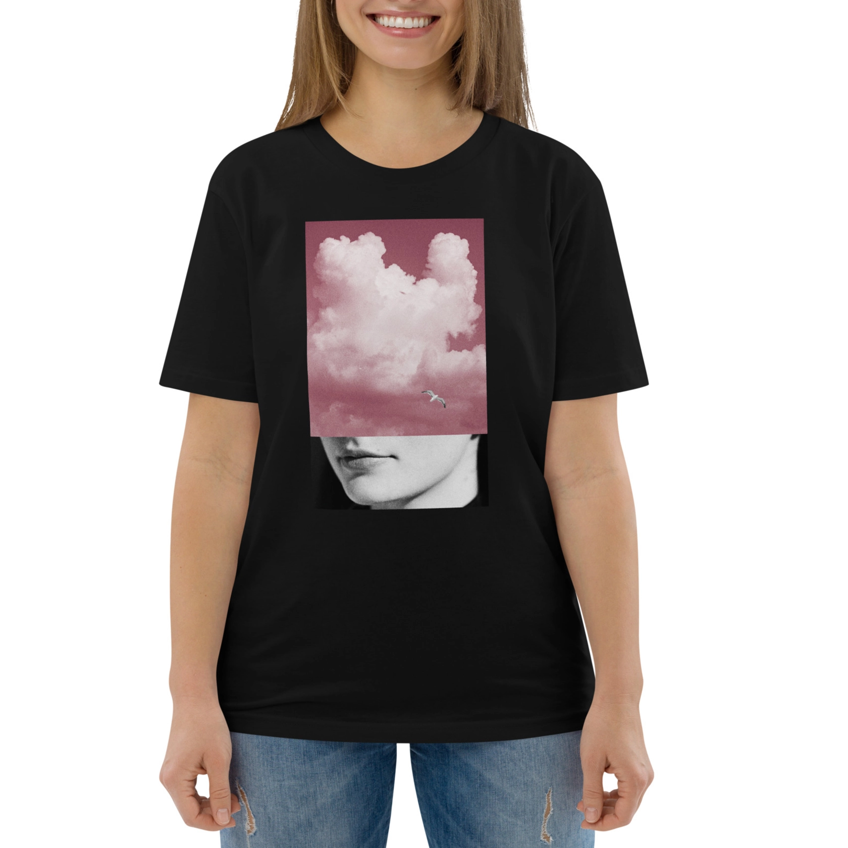 Biobaumwoll T- shirt mit Fotocollage "PINK CLOUD" Biobaumwoll T- shirt mit Fotocollage "PINK CLOUD"