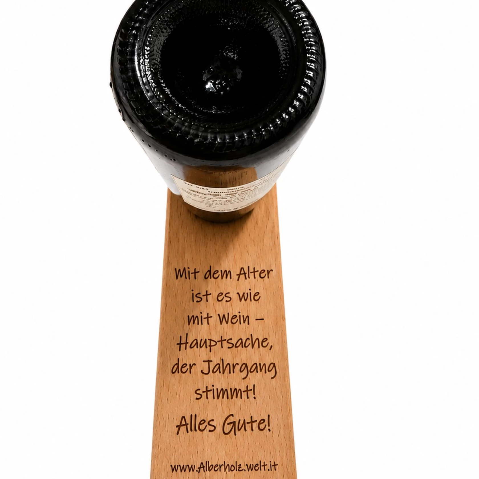 Schwebender Weinflaschenhalter aus Buchenholz – personalisierbar mit Gravur