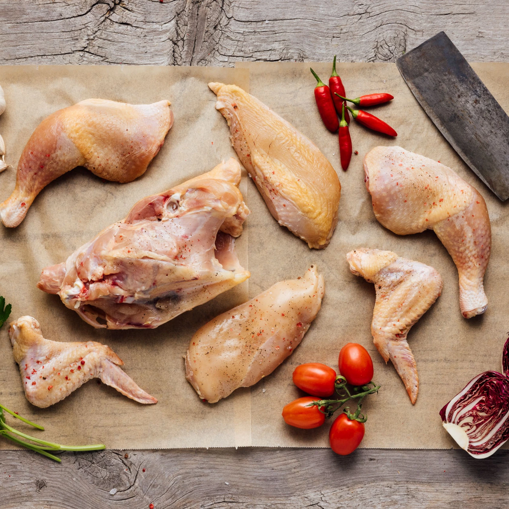 Ganzes zerlegtes Bio-Huhn vom Öbersthof in Südtirol Ganzes zerlegtes Bio-Huhn vom Öbersthof in Südtirol